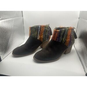 TOMS Women's Boots Leila Ankle Booties Heels Brown Suede Rainbow Yarn Zip Size 9
